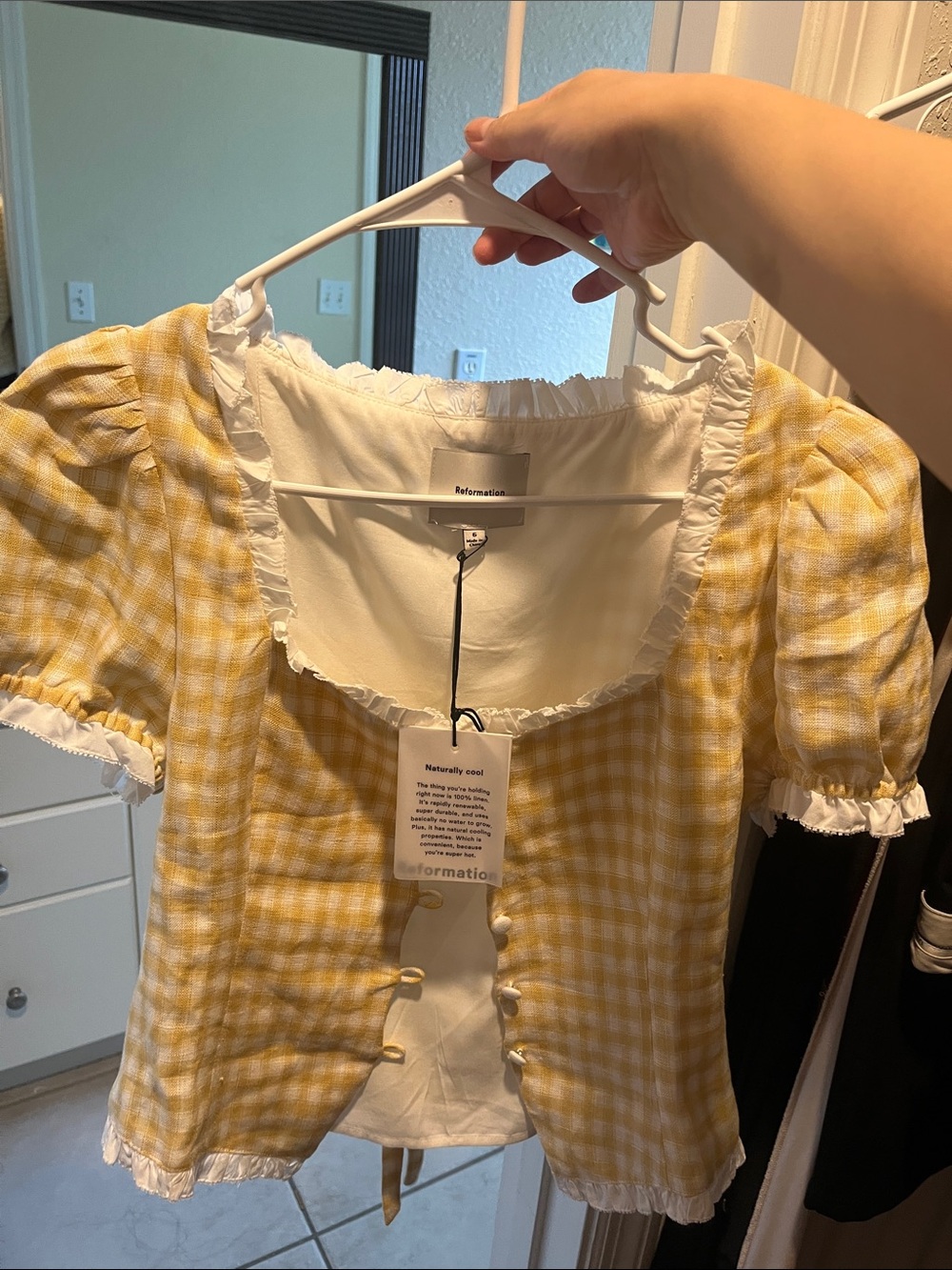 Reformation Yellow Gingham Puff-Sleeve Dress Top with Ruffle Trim